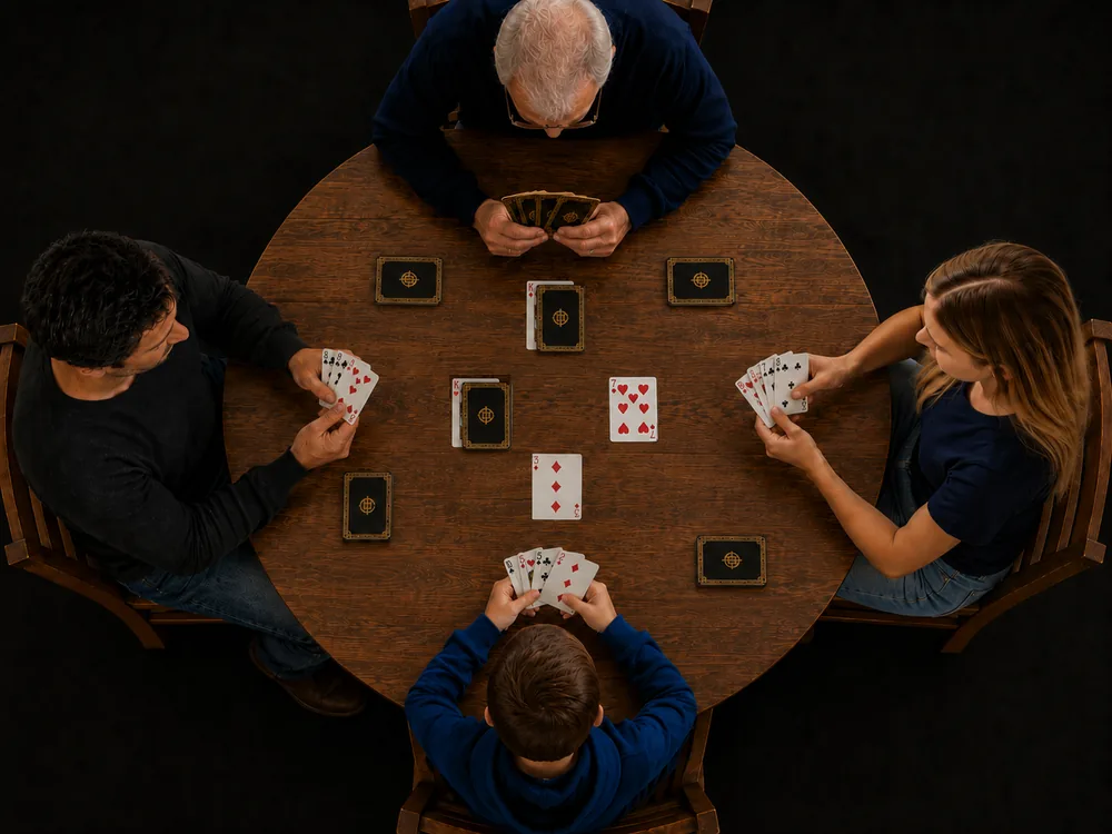Vue de dessus d'une partie BATAYO avec quatre joueurs, leurs cartes sur la table et des cartes jouées au centre